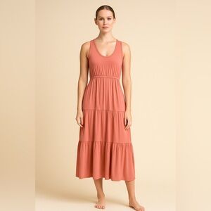 SUNDRY x EVEREVE Malibu Maxi Dress Tiered Sleeveless Jersey Sz 3 US Large Coral